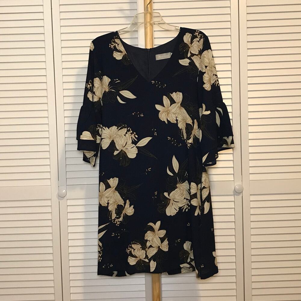 Belongsci Navy Floral V-Neck 3/4 Bell Sleeves Shift Dress L